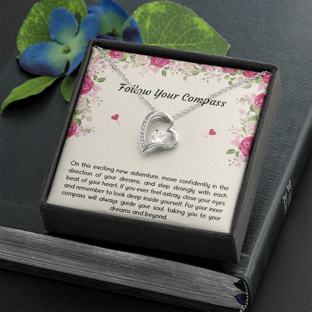 Graduation Gifts, Follow Your Compass, Forever Love Heart Necklace For Women, College Preschool High School Graduation Present