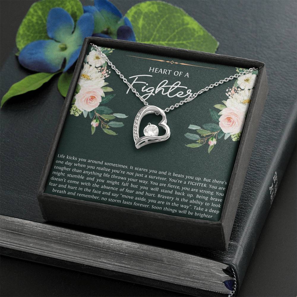 Encouragement Gifts, Heart of a Fighter, Motivational Forever Love Heart Necklace For Women, Sympathy Inspiration Friendship Present