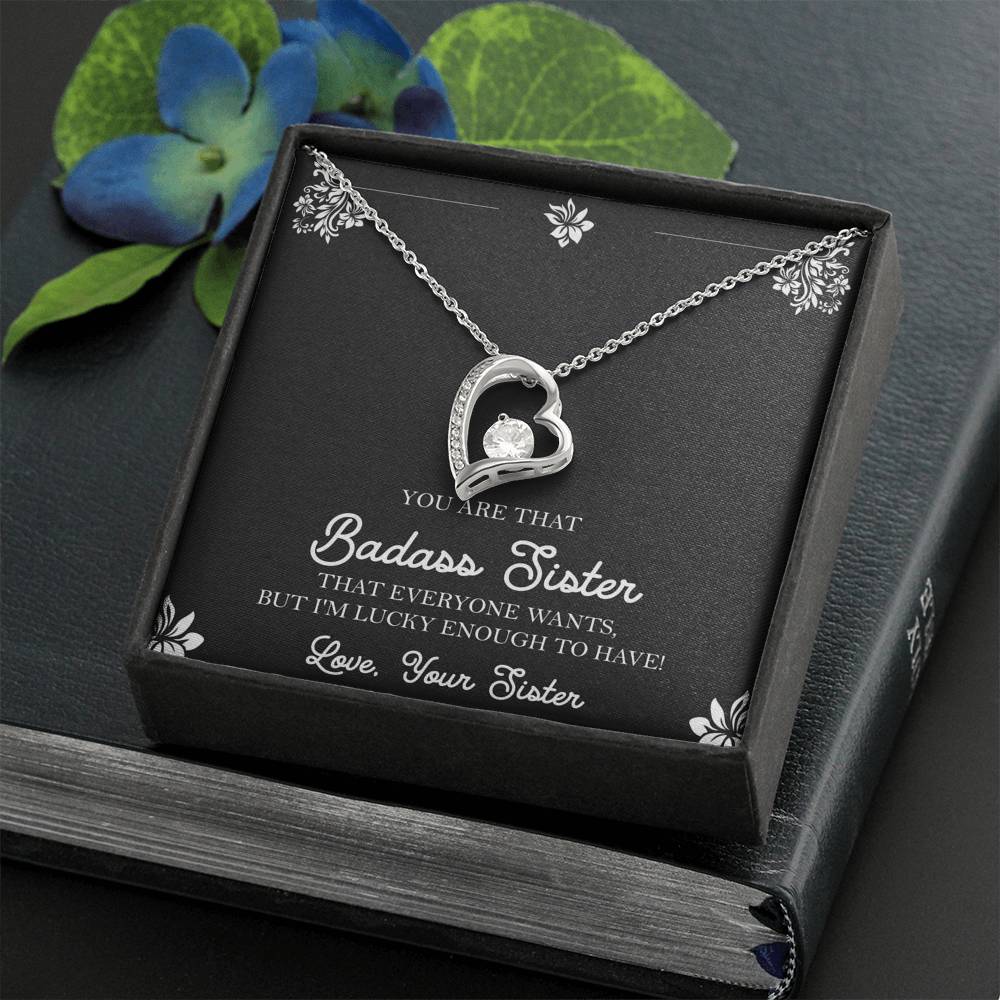 To My Badass Sister Gifts, Lucky To  Have You, Forever Love Heart Necklace For Women, Birthday Present Idea From Sister