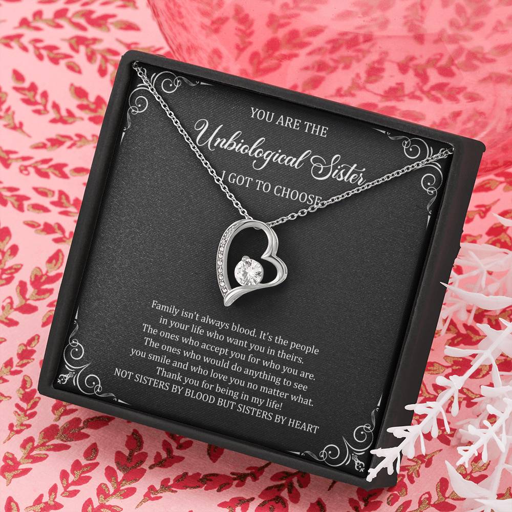 To My Unbiological Sister Gifts, Family Isn't Always Blood, Forever Love Heart Necklace For Women, Birthday Present Idea From Sister-in-law