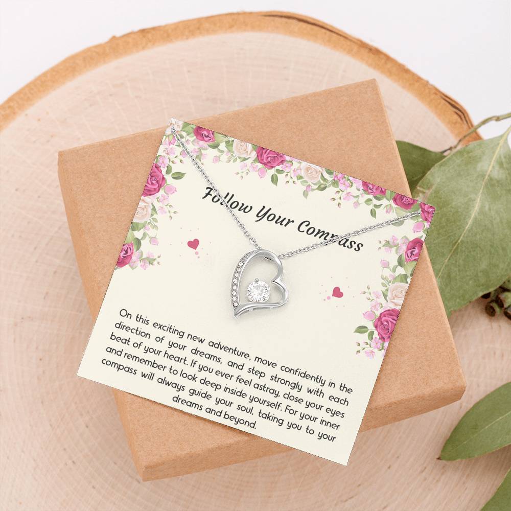 Graduation Gifts, Follow Your Compass, Forever Love Heart Necklace For Women, College Preschool High School Graduation Present