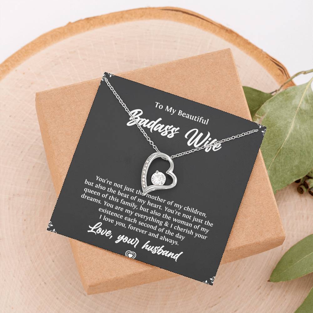 To My Badass Wife, Beat Of My Heart, Forever Love Heart Necklace For Women, Anniversary Birthday Valentines Day Gifts From Husband