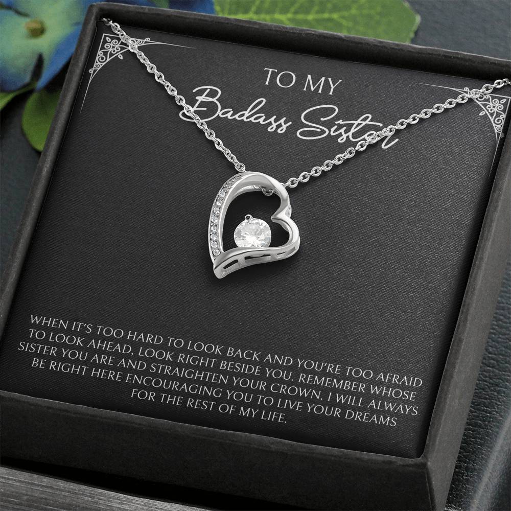 To My Badass Sister Gifts, When It's Too Hard To Look Back, Forever Love Heart Necklace For Women, Birthday Present Ideas From Sister Brother