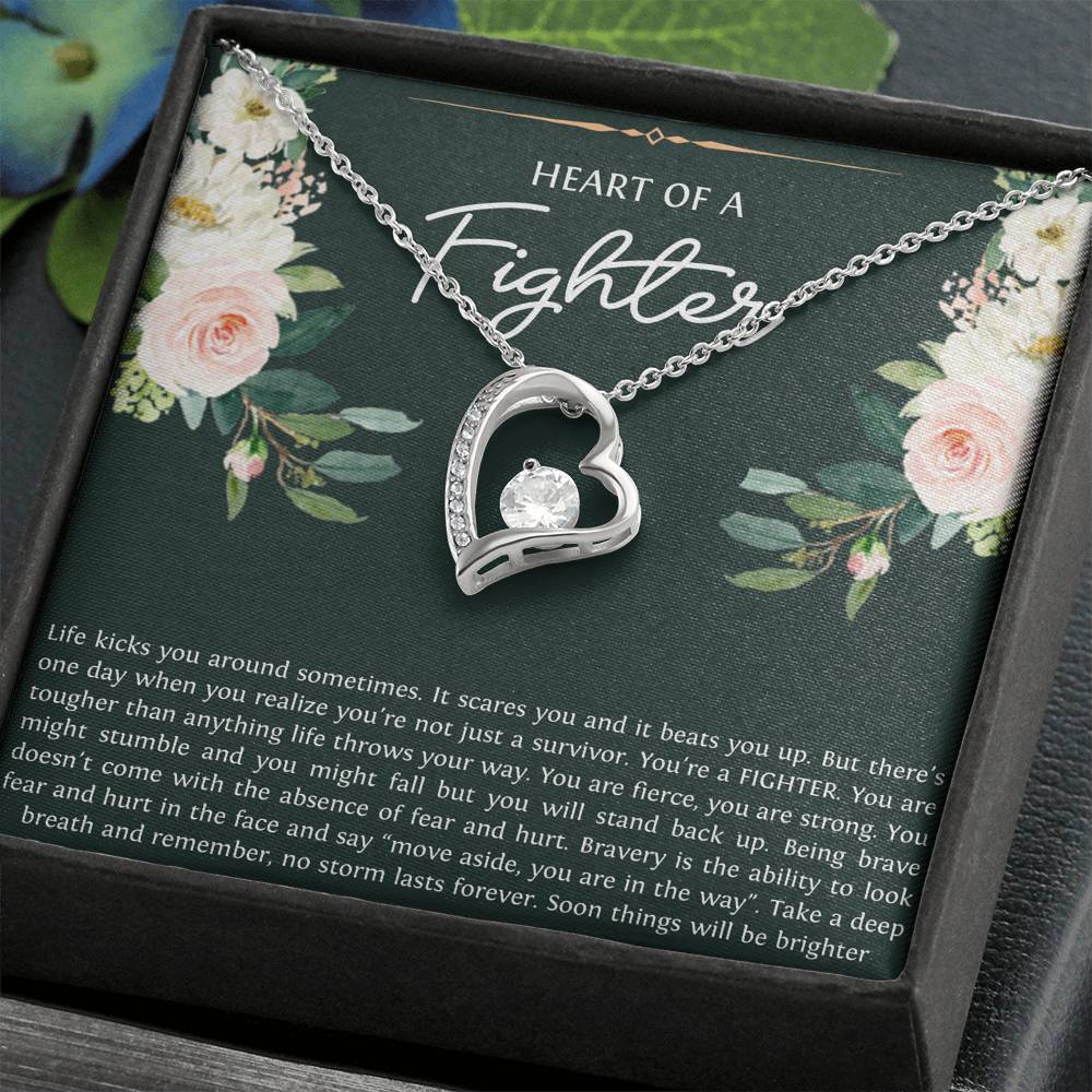 Encouragement Gifts, Heart of a Fighter, Motivational Forever Love Heart Necklace For Women, Sympathy Inspiration Friendship Present