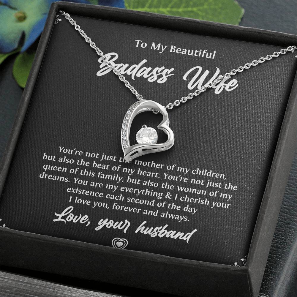 To My Badass Wife, Beat Of My Heart, Forever Love Heart Necklace For Women, Anniversary Birthday Valentines Day Gifts From Husband