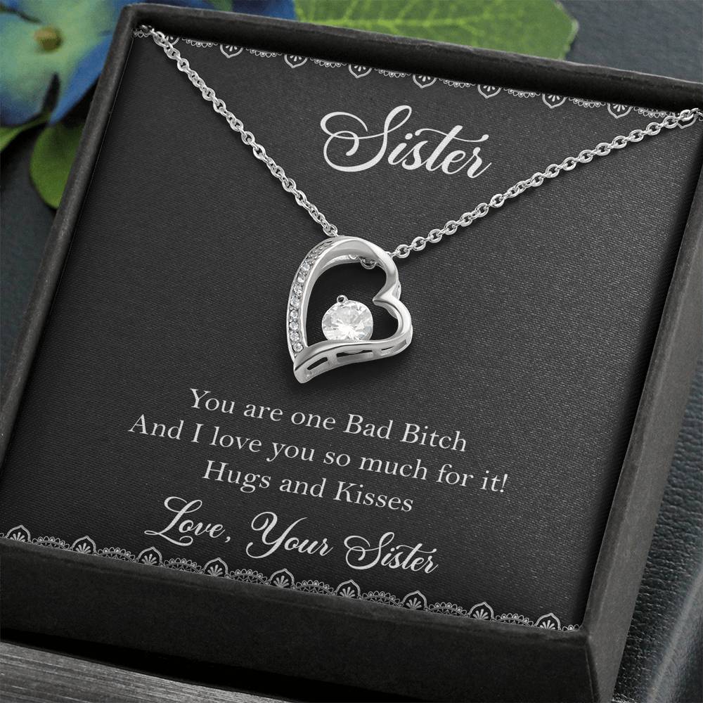 To My Badass Sister Gifts, Hugs And Kisses, Forever Love Heart Necklace For Women, Birthday Present Idea From Sister