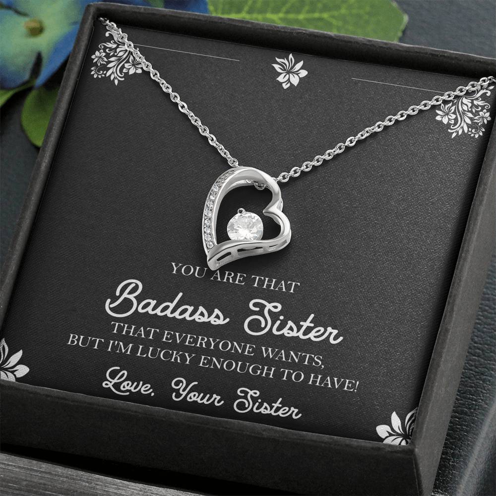 To My Badass Sister Gifts, Lucky To  Have You, Forever Love Heart Necklace For Women, Birthday Present Idea From Sister