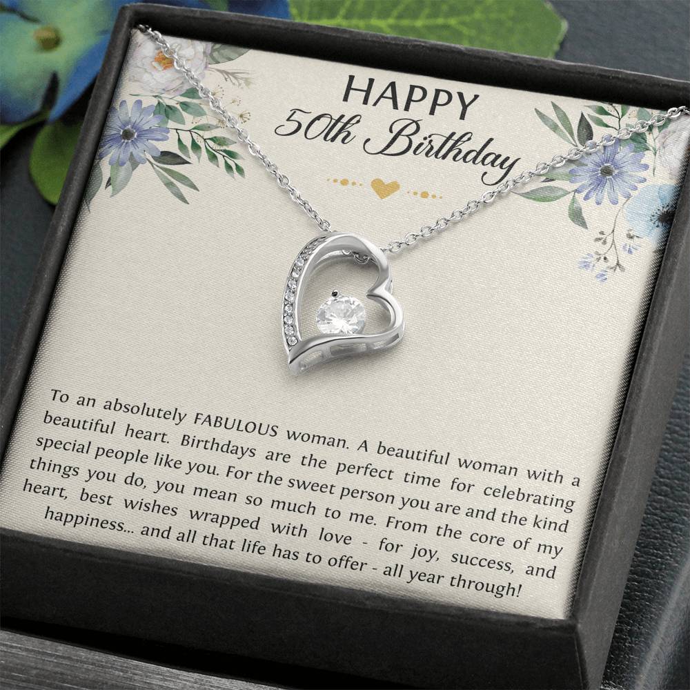 50th Birthday Gifts For Women, To A Fabulous Woman, Forever Love Heart Necklace, Happy Birthday Message Card Jewelry For Mom
