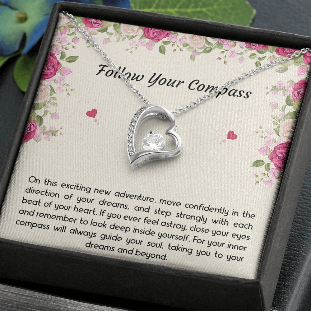 Graduation Gifts, Follow Your Compass, Forever Love Heart Necklace For Women, College Preschool High School Graduation Present