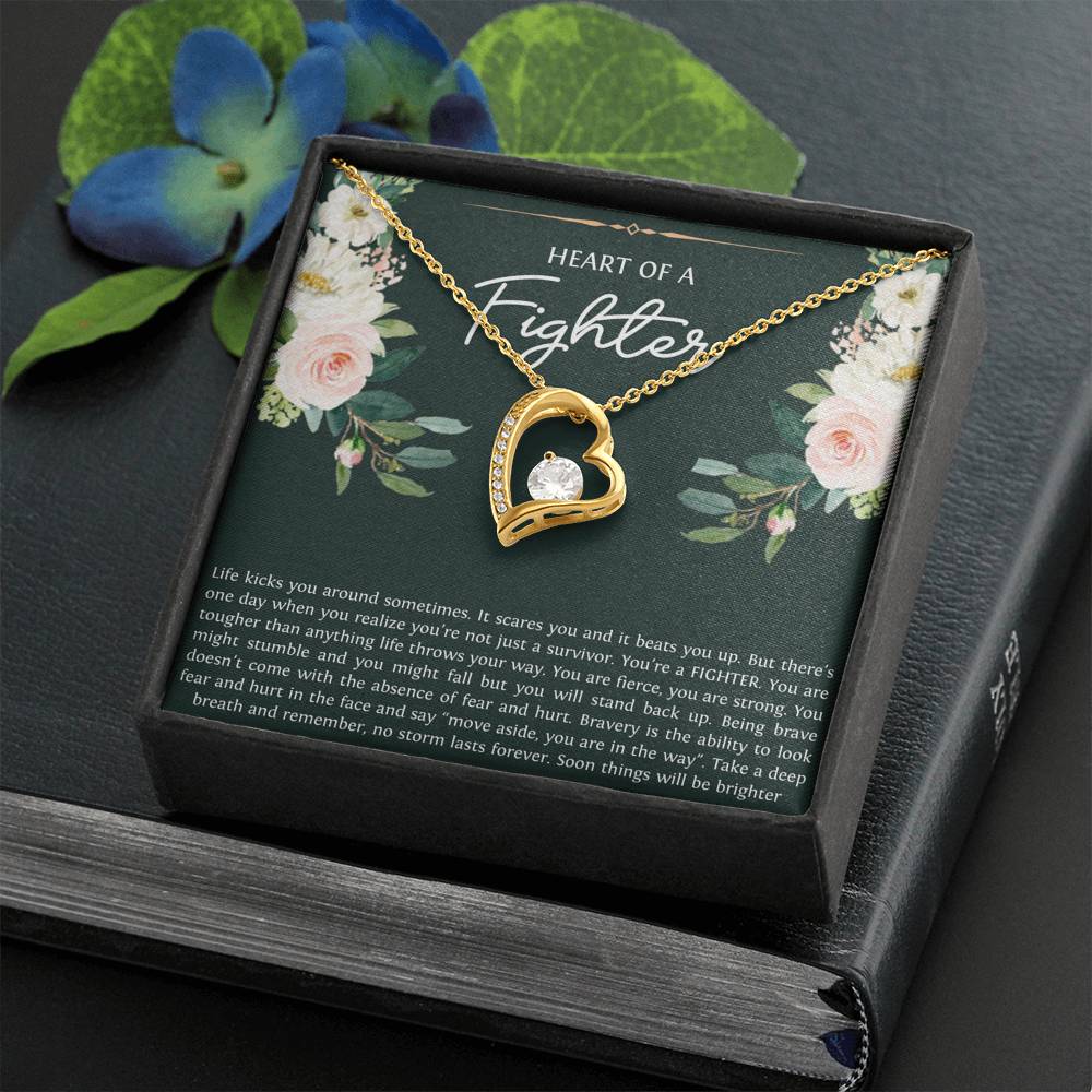 Encouragement Gifts, Heart of a Fighter, Motivational Forever Love Heart Necklace For Women, Sympathy Inspiration Friendship Present
