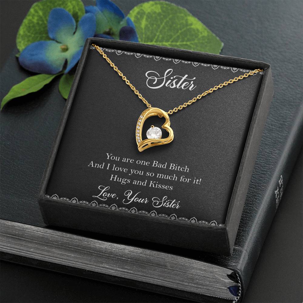 To My Badass Sister Gifts, Hugs And Kisses, Forever Love Heart Necklace For Women, Birthday Present Idea From Sister