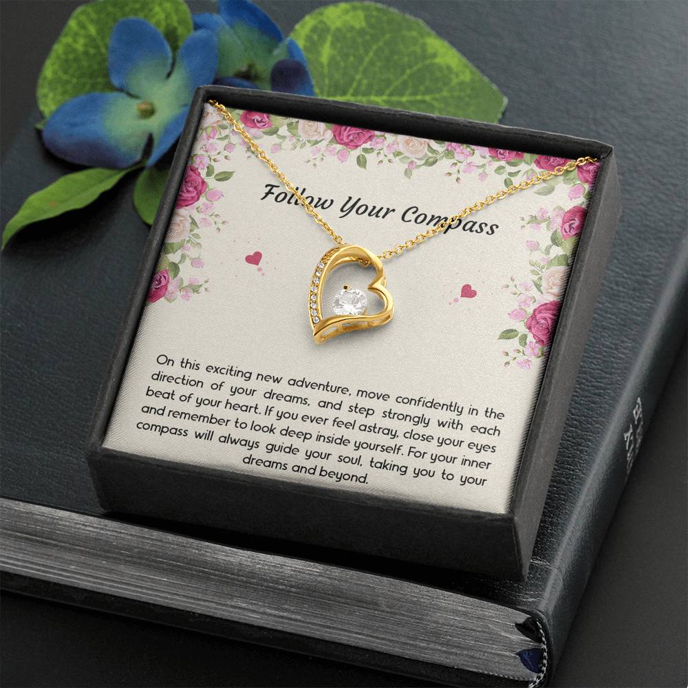 Graduation Gifts, Follow Your Compass, Forever Love Heart Necklace For Women, College Preschool High School Graduation Present