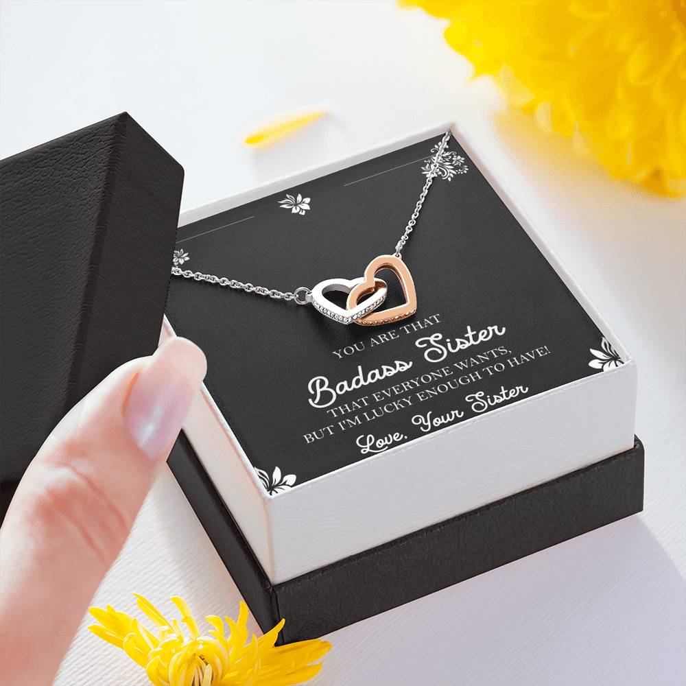 To My Badass Sister Gifts, Lucky To  Have You, Interlocking Heart Necklace For Women, Birthday Present Idea From Sister
