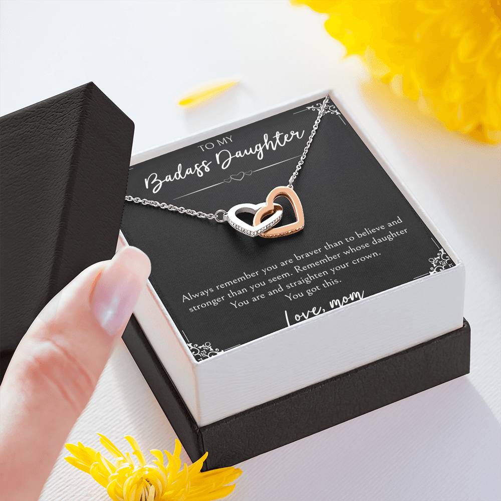 To My Badass Daughter Gifts, You Are Braver Than You Believe, Interlocking Heart Necklace For Women, Birthday Present Idea From Mom
