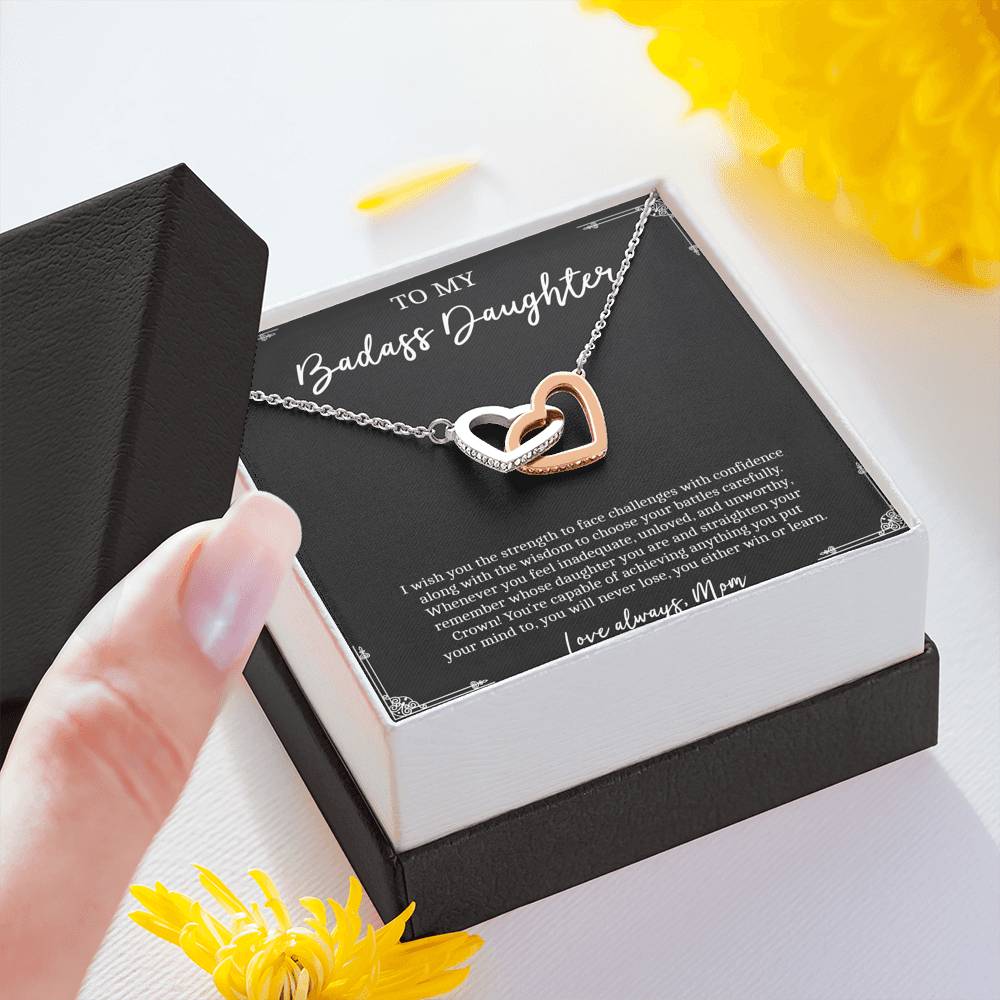 To My Badass Daughter Gifts, I Wish You Strength To Face Challenges, Interlocking Heart Necklace For Women, Birthday Present Idea From Mom