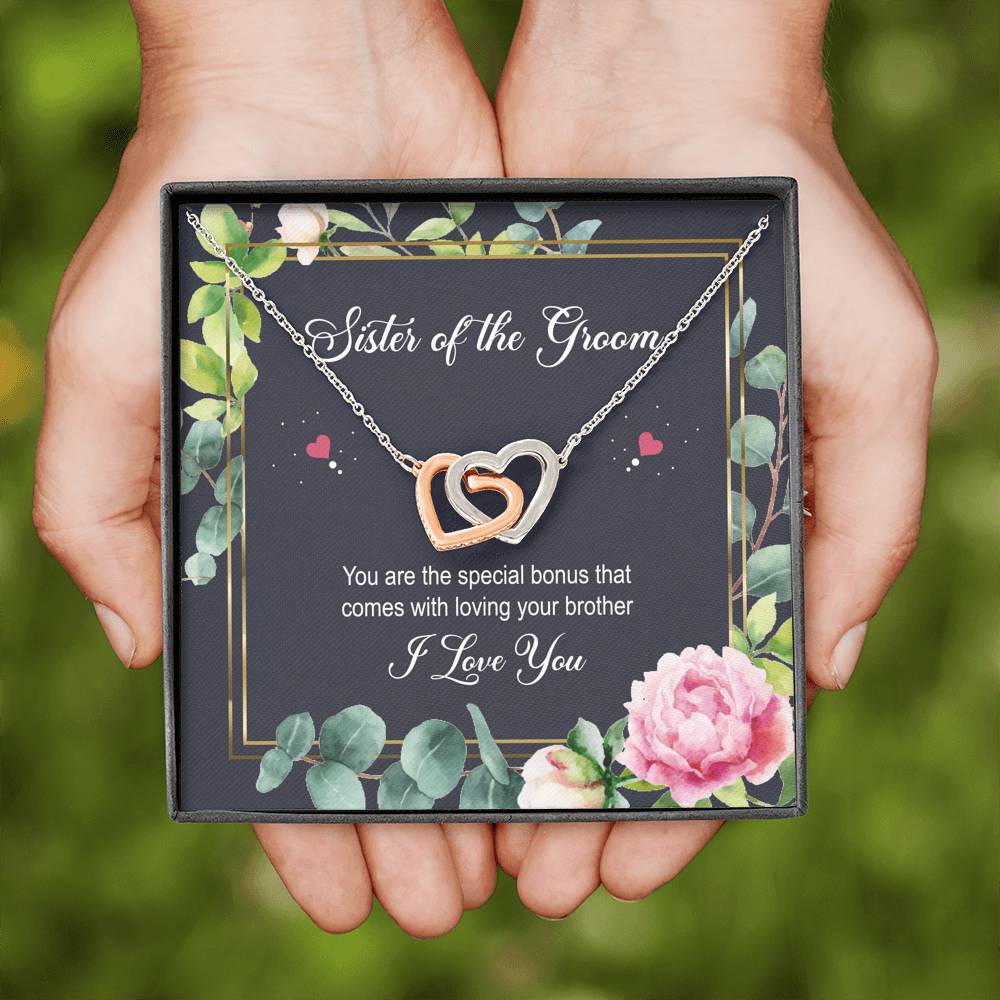 Sister of the Groom Gifts, You Are The Special Bonus, Interlocking Heart Necklace For Women, Wedding Day Thank You Ideas From Bride