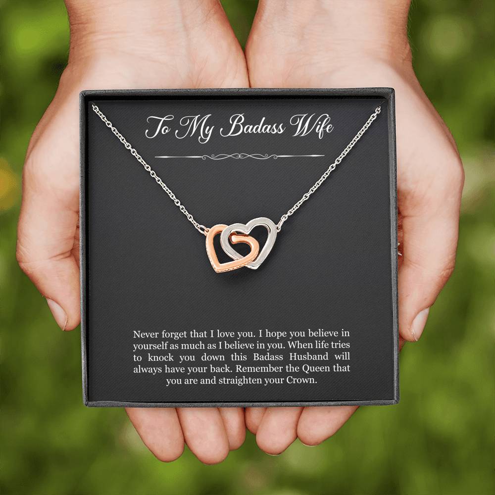 To My Badass Wife, Never Forget That I Love You, Interlocking Heart Necklace For Women, Anniversary Birthday Gifts From Husband