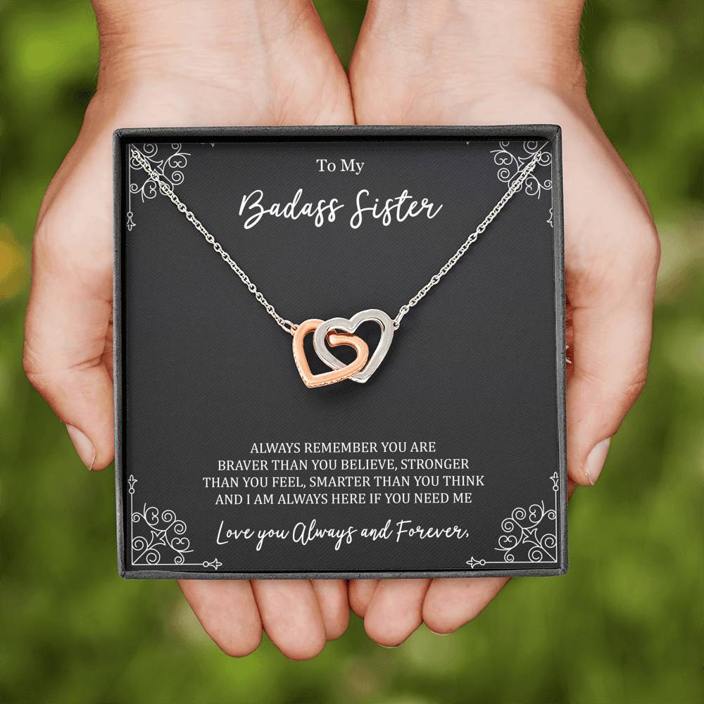 To My Badass Sister Gifts, Always Remember, Interlocking Heart Necklace For Women, Birthday Present Ideas From Sister Brother