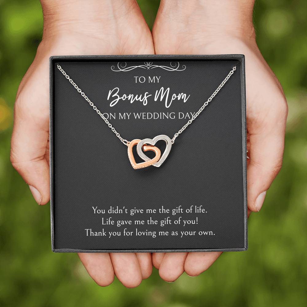 To My Bonus Mom Gifts, Thank You For Loving Me, Interlocking Heart Necklace For Women, Wedding Day Thank You Ideas From Bride