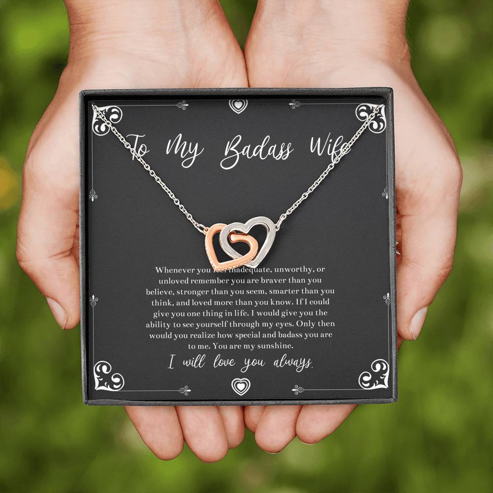 To My Badass Wife, You Are My Sunshine, Interlocking Heart Necklace For Women, Anniversary Birthday Valentines Day Gifts From Husband