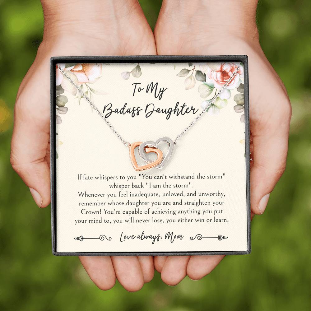 To My Badass Daughter Gifts, When It's Too Hard To Look Back, Interlocking Heart Necklace For Women, Birthday Present Idea From Mom