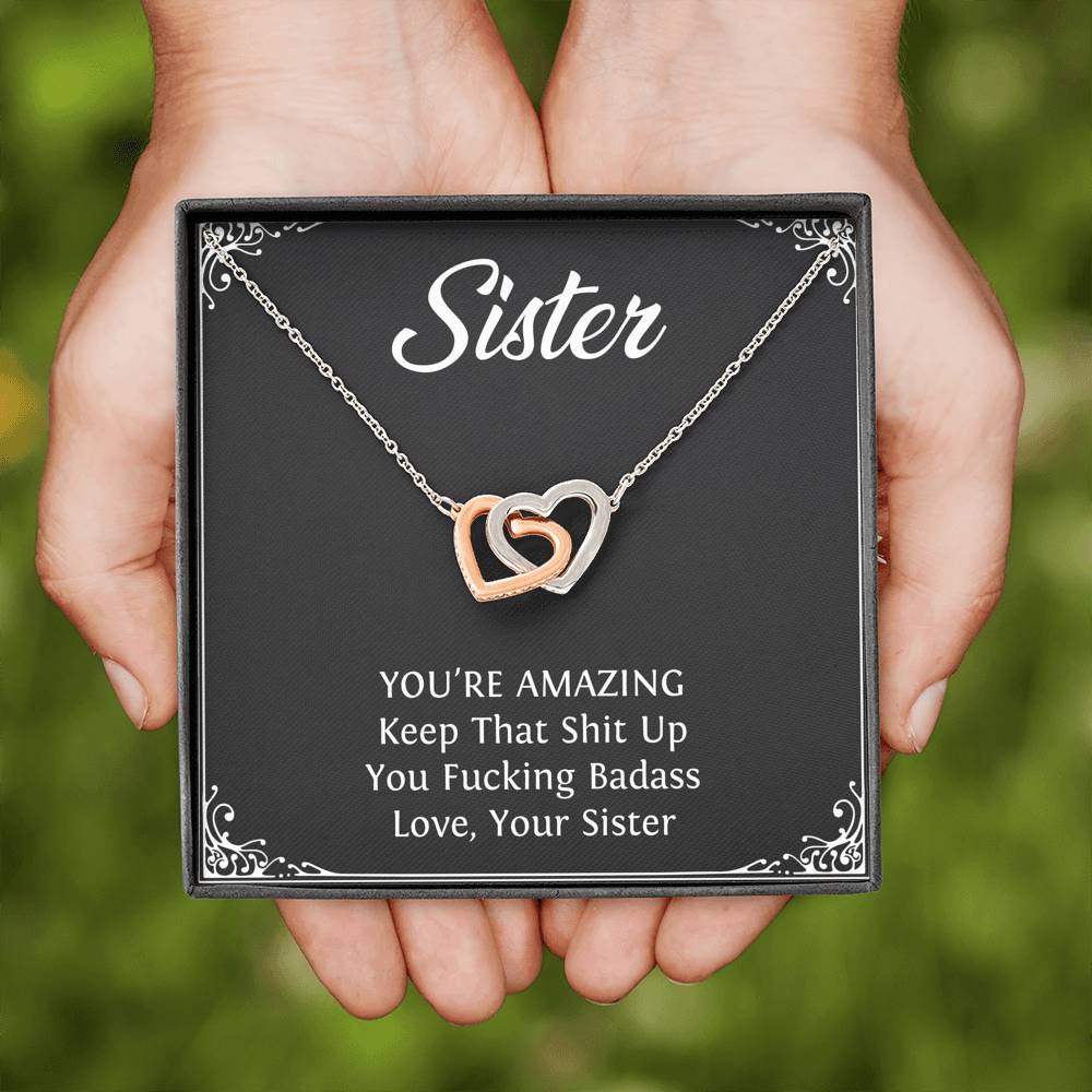 To My Badass Sister Gifts, You're Amazing, Interlocking Heart Necklace For Women, Birthday Present Idea From Sister