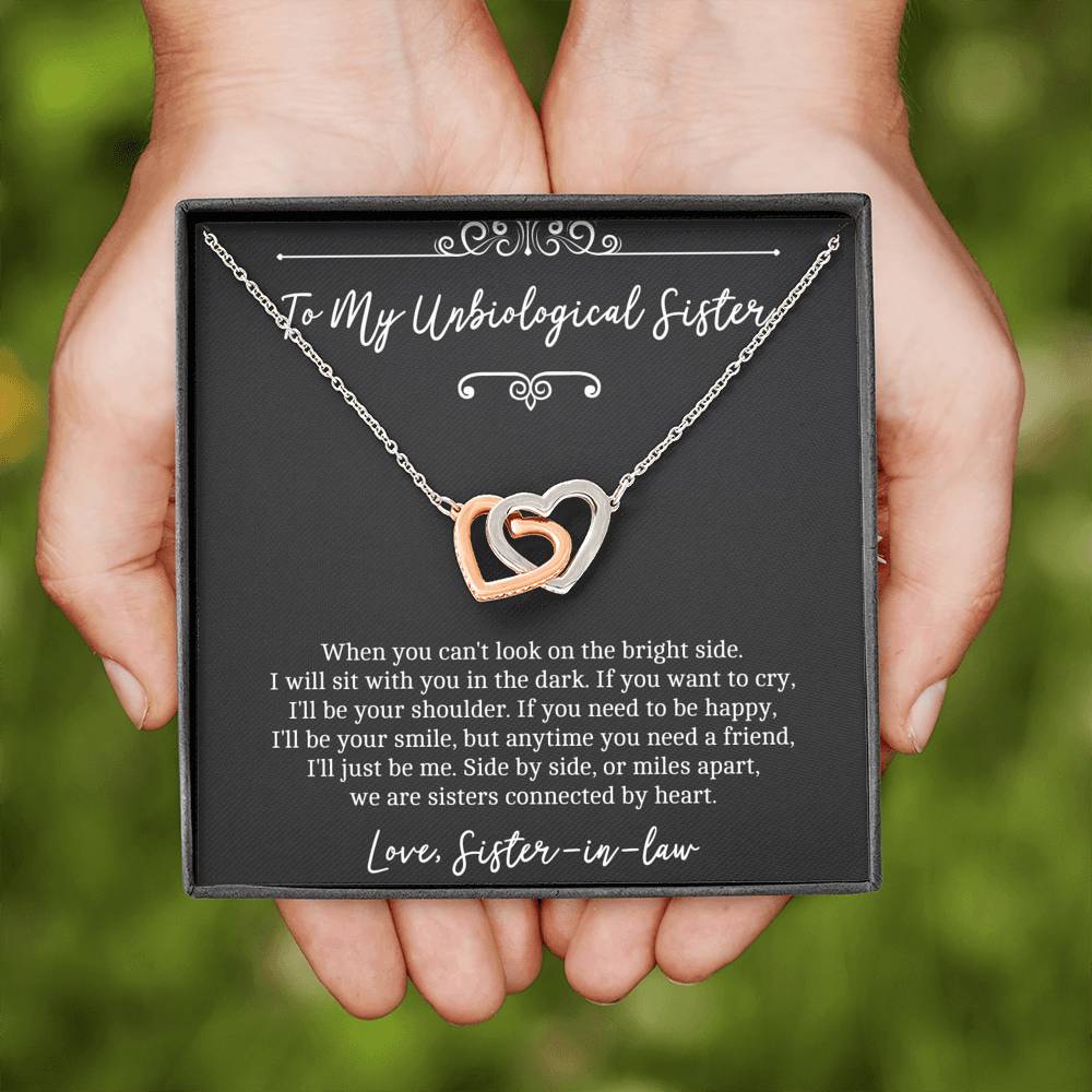 To My Unbiological Sister Gifts, Sisters Connected By Heart, Interlocking Heart Necklace For Women, Birthday Present Idea From Sister-in-law