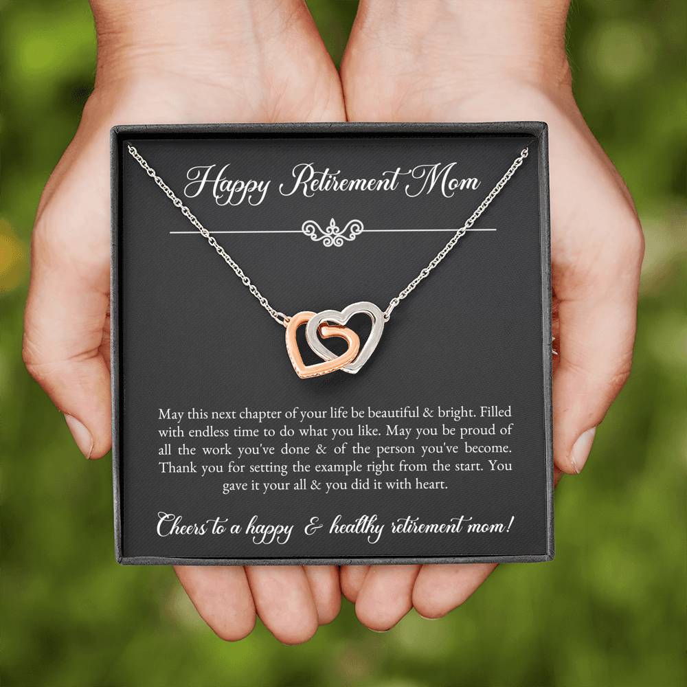 Mom Retirement Gifts, Next Chapter, Happy Retirement Interlocking Heart Necklace For Women, Retirement Party Favor From Daughter Son