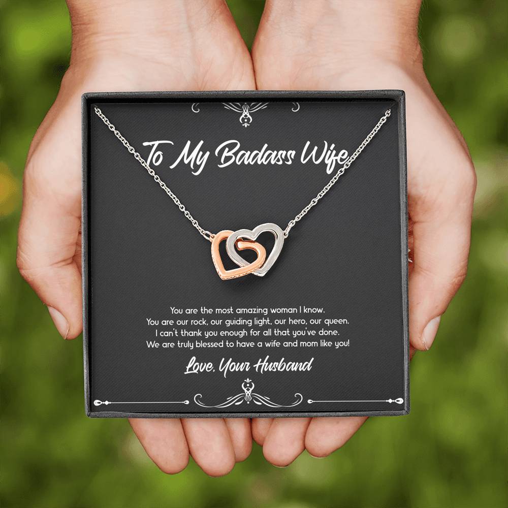 To My Badass Wife, You Are Our Rock, Interlocking Heart Necklace For Women, Anniversary Birthday Valentines Day Gifts From Husband