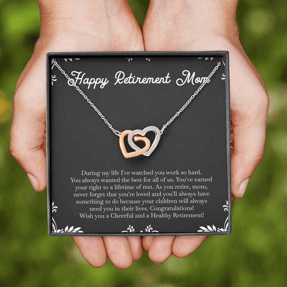 Mom Retirement Gifts, Never Forget, Happy Retirement Interlocking Heart Necklace For Women, Retirement Party Favor From Daughter Son