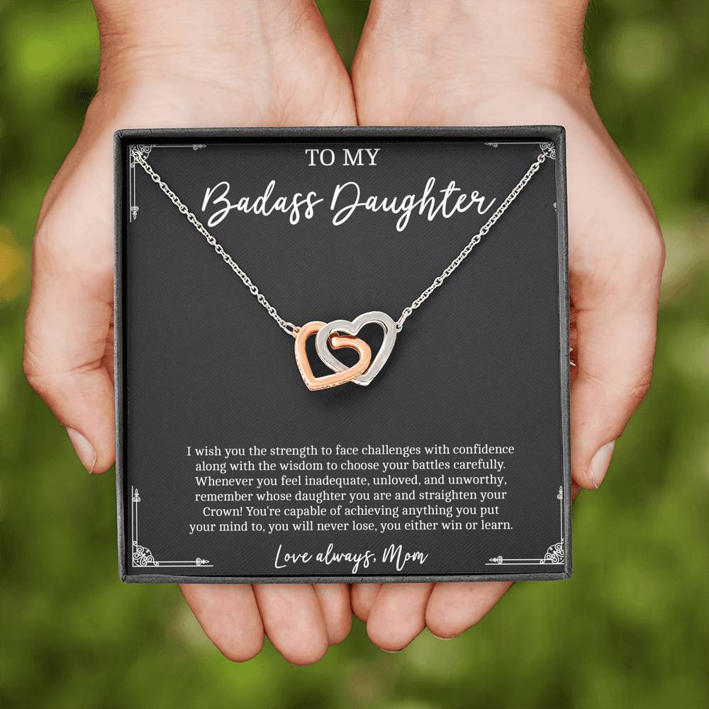 To My Badass Daughter Gifts, I Wish You Strength To Face Challenges, Interlocking Heart Necklace For Women, Birthday Present Idea From Mom