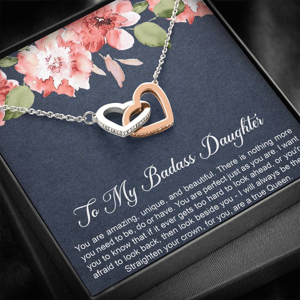 To My Badass Daughter Gifts, You Are Amazing, Interlocking Heart Necklace For Women, Birthday Present Idea From Mom