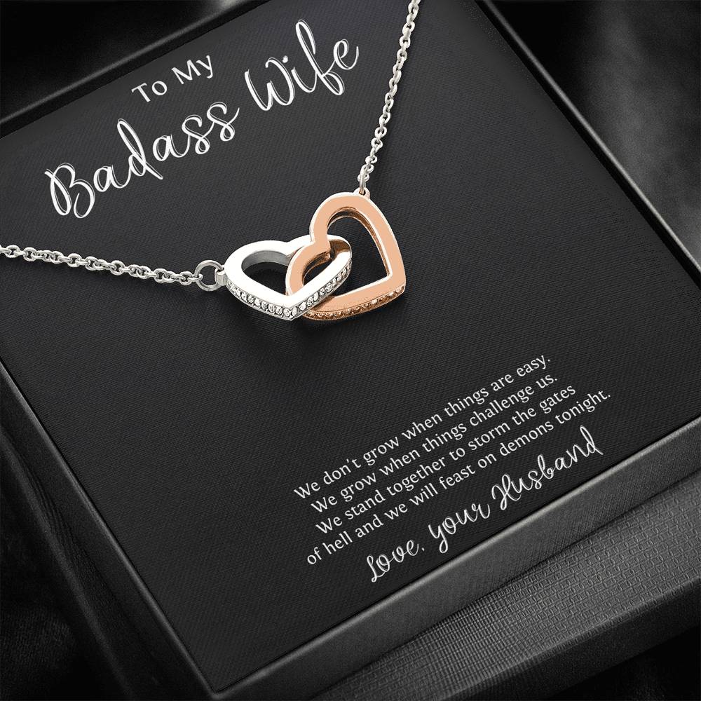 To My Badass Wife, We Stand Together, Interlocking Heart Necklace For Women, Anniversary Birthday Valentines Day Gifts From Husband