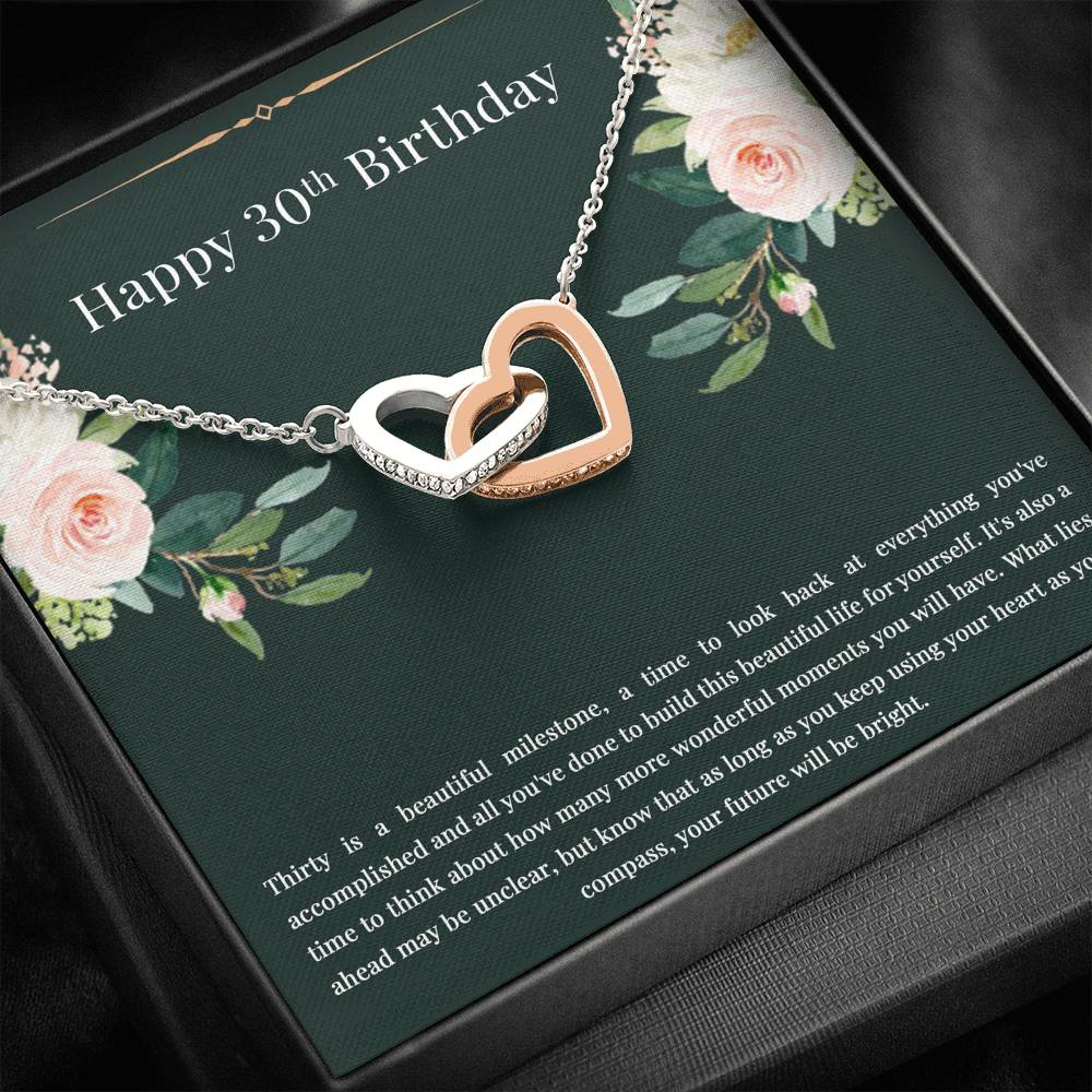 30th Birthday Gifts For Women, Thirty Is A Beautiful Milestone, Interlocking Heart Necklace, Happy Birthday Message Card Jewelry For Daughter