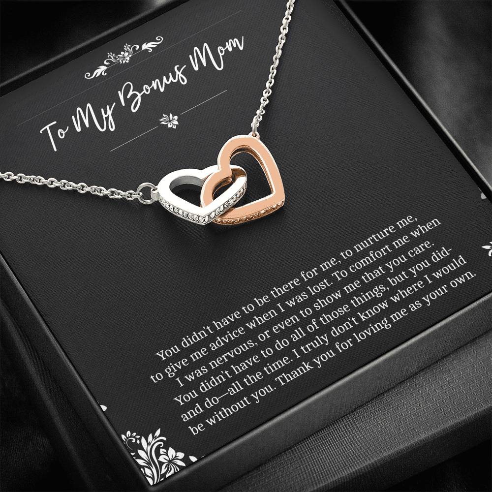 To My Bonus Mom Gifts, Thank You For Loving Me, Interlocking Heart Necklace For Women, Birthday Mothers Day Present From Bonus Daughter