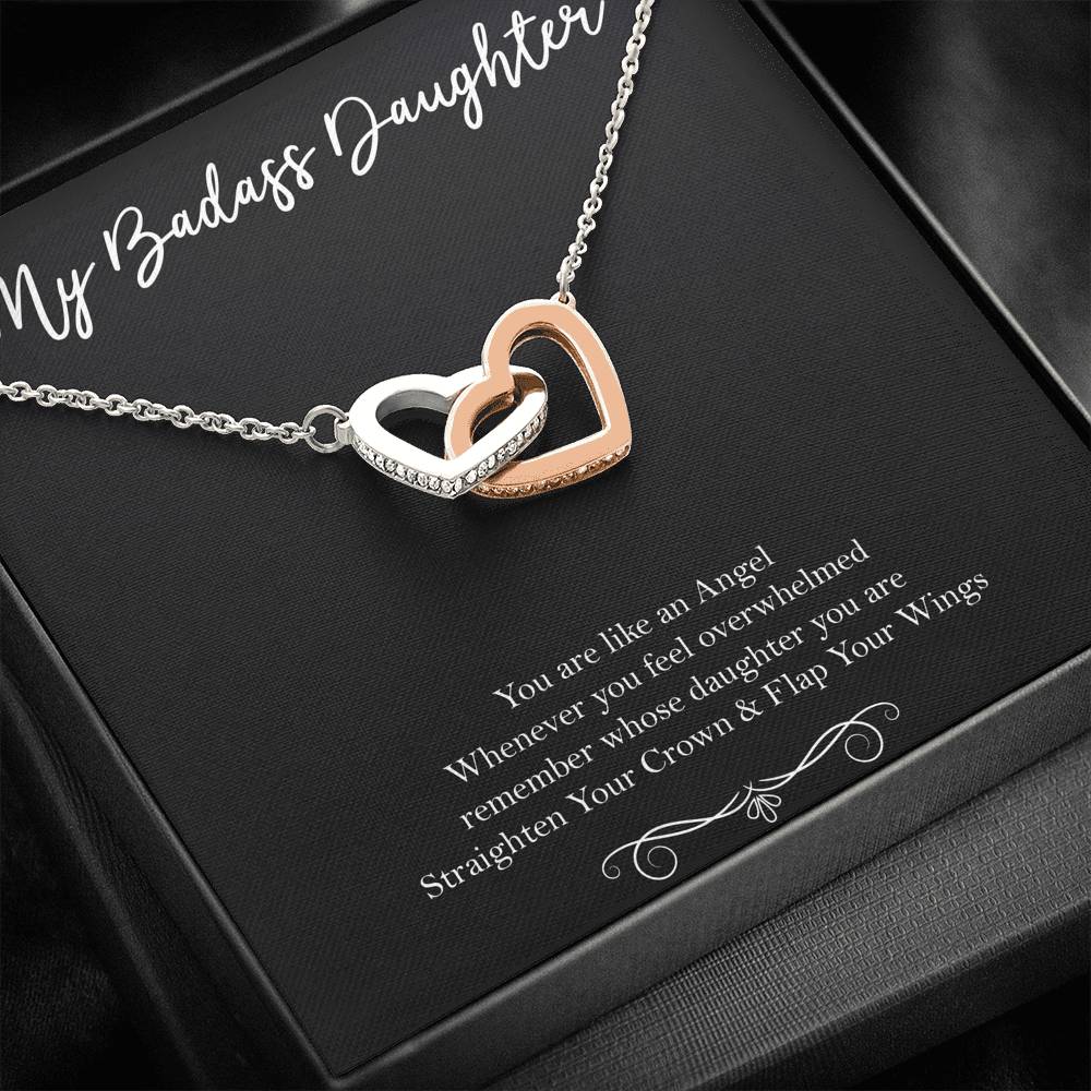 To My Badass Daughter Gifts, You Are Like An Angel, Interlocking Heart Necklace For Women, Birthday Present Idea From Mom