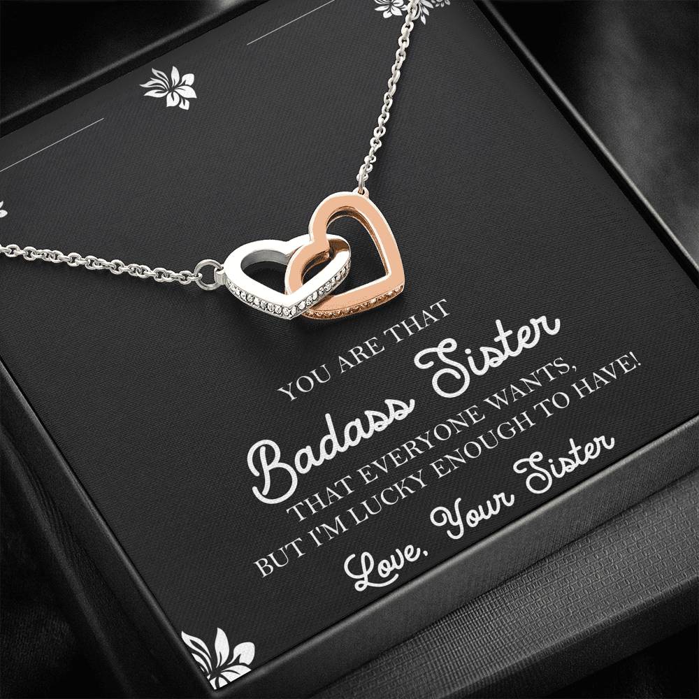 To My Badass Sister Gifts, Lucky To  Have You, Interlocking Heart Necklace For Women, Birthday Present Idea From Sister