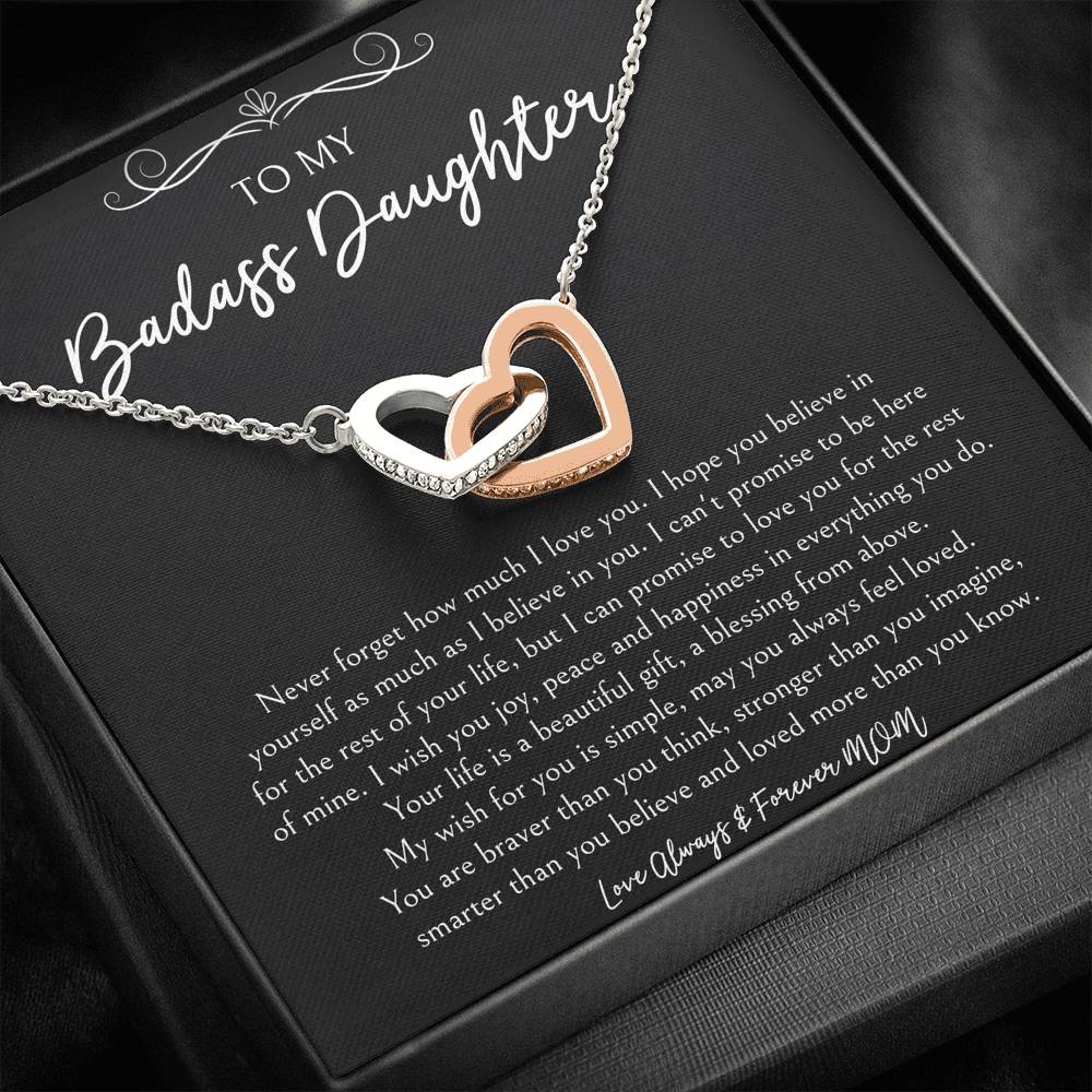 To My Badass Daughter Gifts, Never Forget How Much I Love You, Interlocking Heart Necklace For Women, Birthday Present Idea From Mom