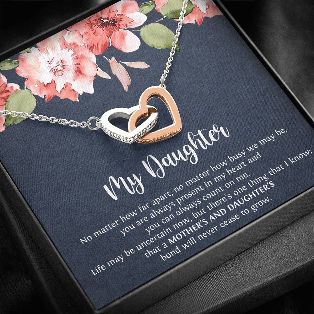 To My Daughter Gifts, No Matter How Far Apart, Interlocking Heart Necklace For Women, Birthday Present Idea From Mom