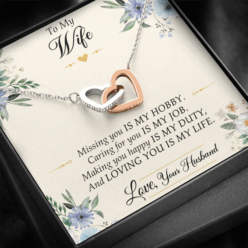 To My Wife, Missing You Is My Hobby, Interlocking Heart Necklace For Women, Anniversary Birthday Gifts From Husband