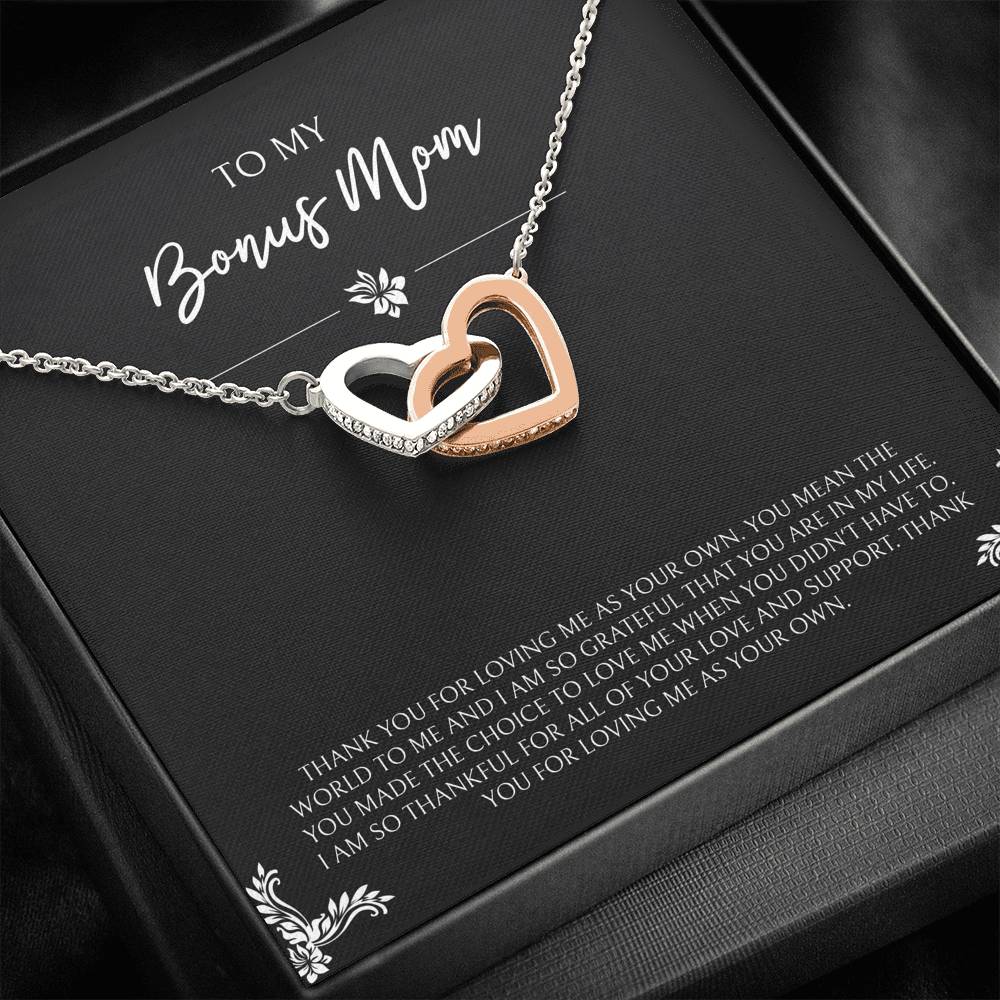 To My Bonus Mom Gifts, You Mean The World To Me , Interlocking Heart Necklace For Women, Birthday Mothers Day Present From Bonus Daughter