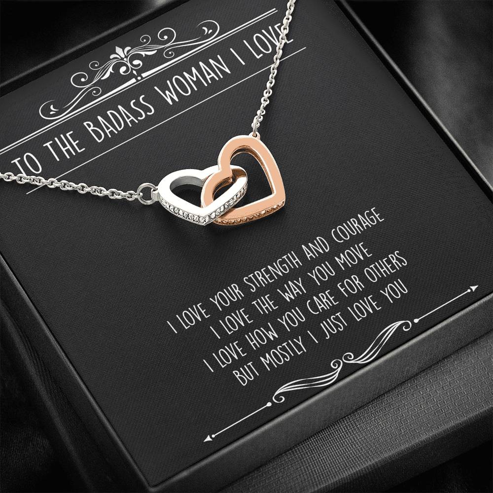 To My Badass Wife, I Just Love You, Interlocking Heart Necklace For Women, Anniversary Birthday Valentines Day Gifts From Husband