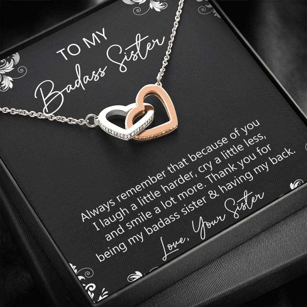 To My Badass Sister Gifts, Always Remember, Interlocking Heart Necklace For Women, Birthday Present Idea From Sister