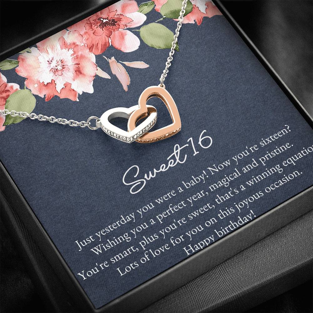 16th Birthday Gifts For Women, Yesterday You Were A Baby, Interlocking Heart Necklace, Happy Birthday Message Card Jewelry For Daughter