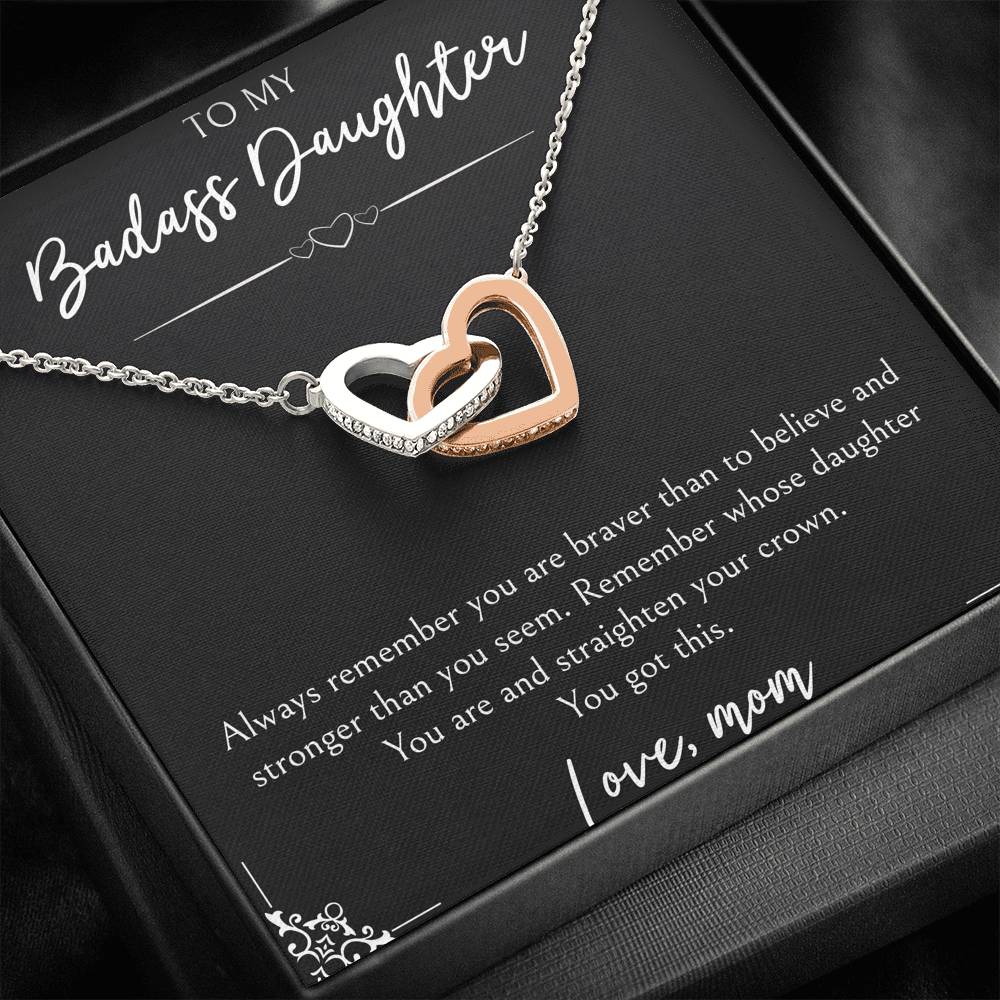 To My Badass Daughter Gifts, You Are Braver Than You Believe, Interlocking Heart Necklace For Women, Birthday Present Idea From Mom