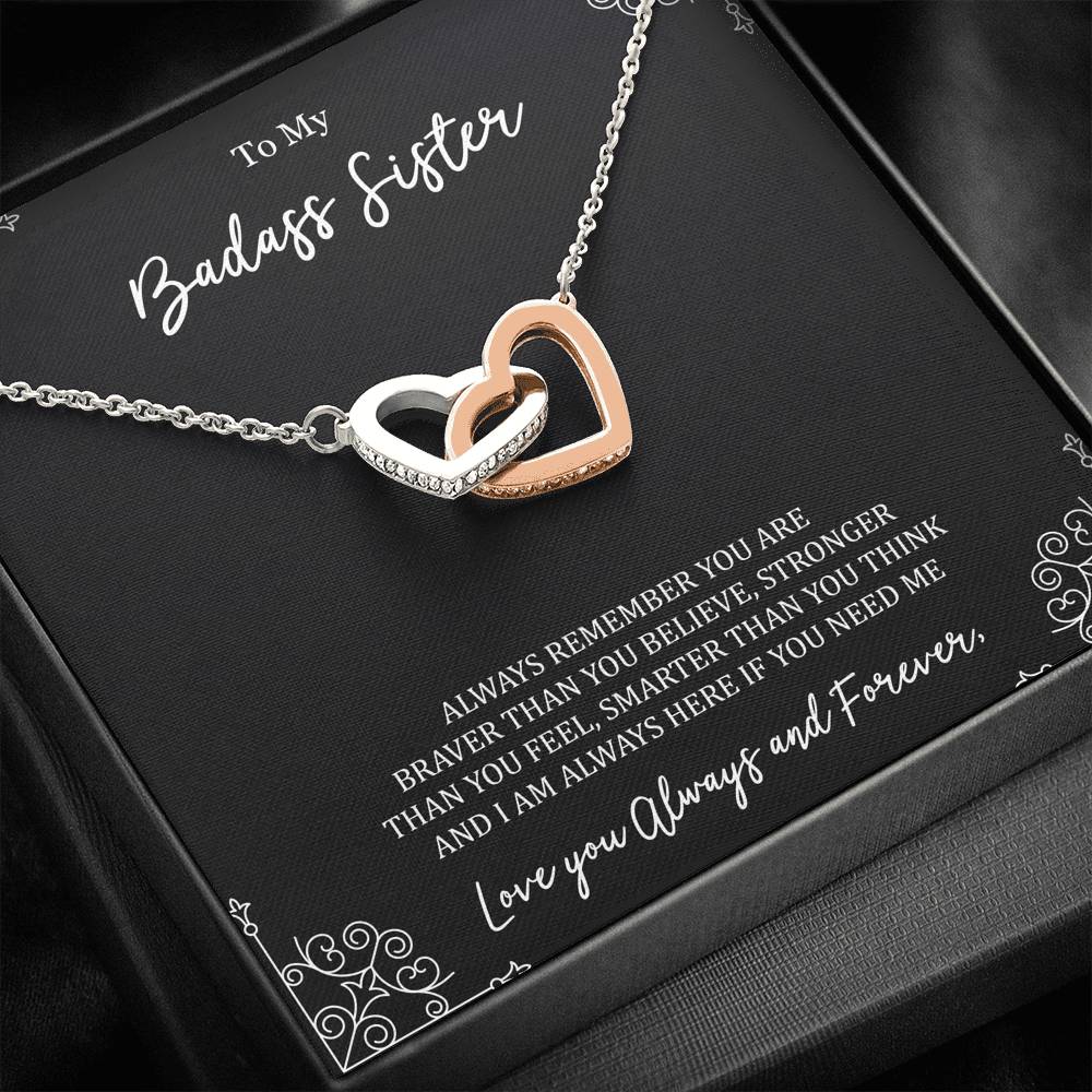 To My Badass Sister Gifts, Always Remember, Interlocking Heart Necklace For Women, Birthday Present Ideas From Sister Brother