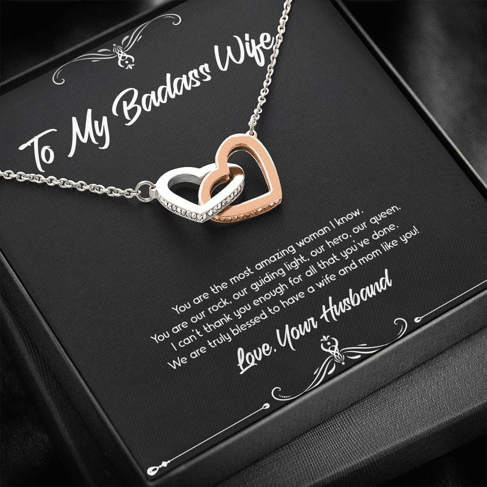 To My Badass Wife, You Are Our Rock, Interlocking Heart Necklace For Women, Anniversary Birthday Valentines Day Gifts From Husband