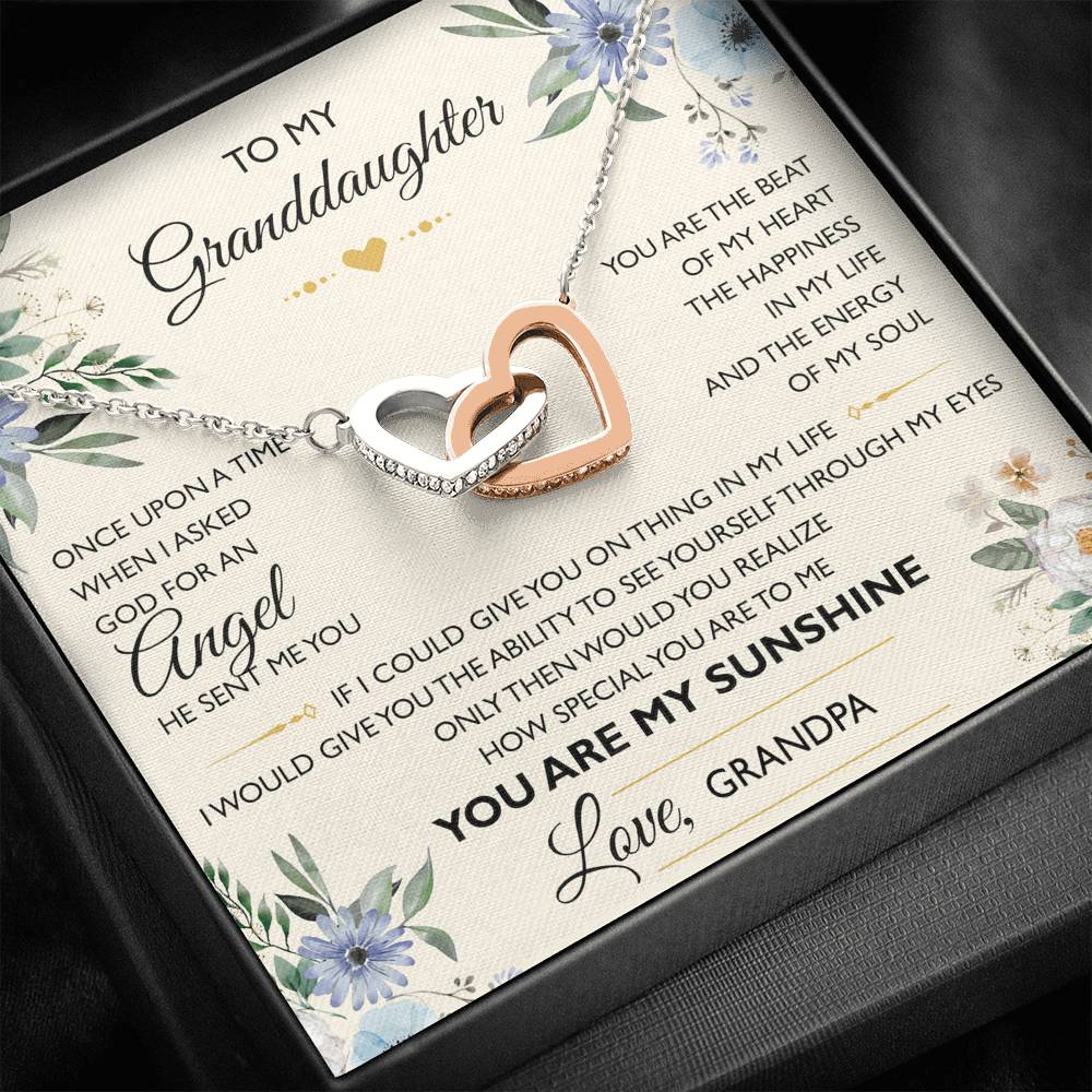 To My Granddaughter Gifts, I asked god for an angel he sent me you, Interlocking Heart Necklace For Women, Present From Grandpa