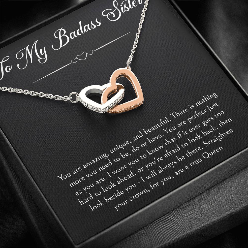 To My Badass Sister Gifts, You Are Amazing, Interlocking Heart Necklace For Women, Birthday Present Ideas From Sister Brother