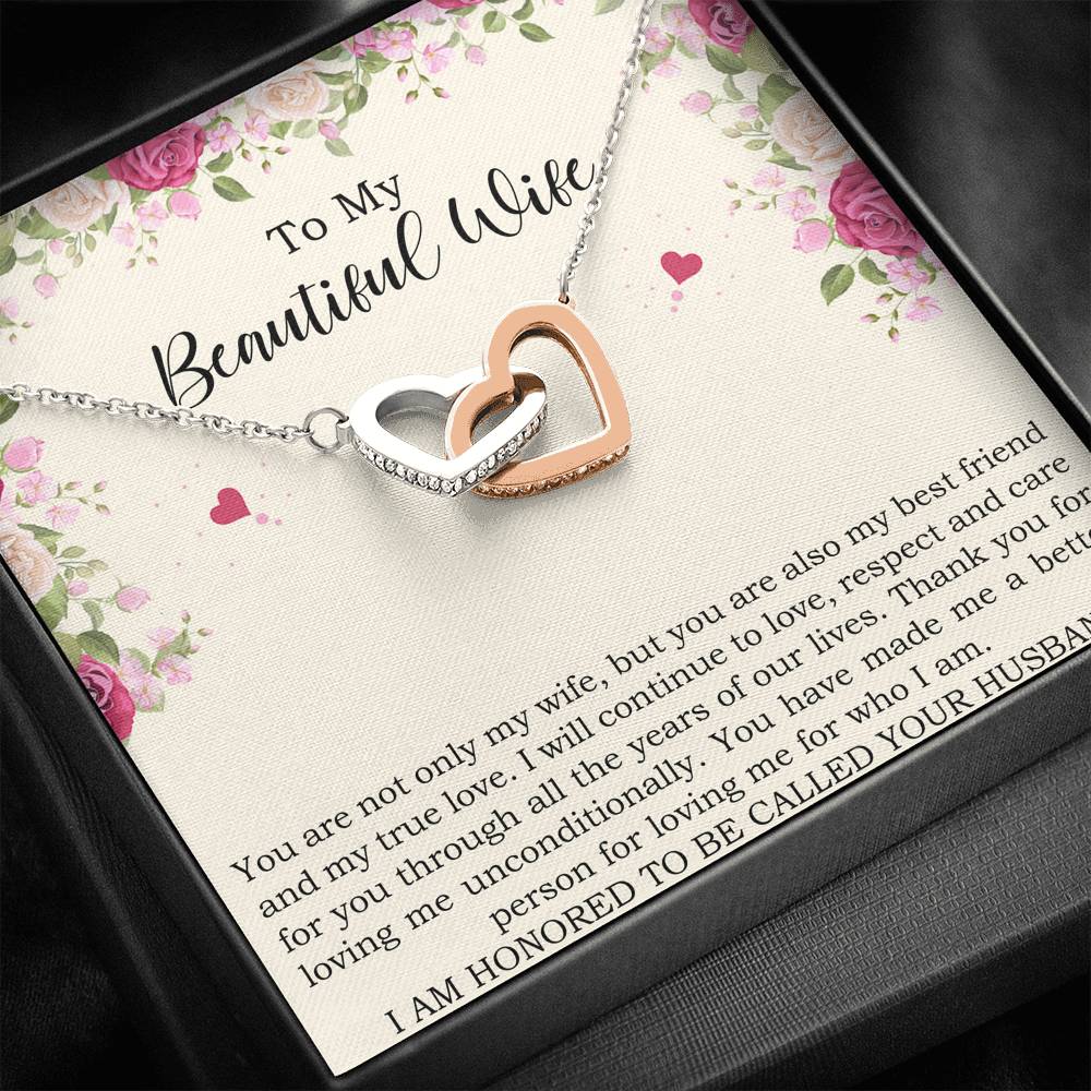 To My Wife, To My Beautiful Wife, Interlocking Heart Necklace For Women, Anniversary Birthday Gifts From Husband